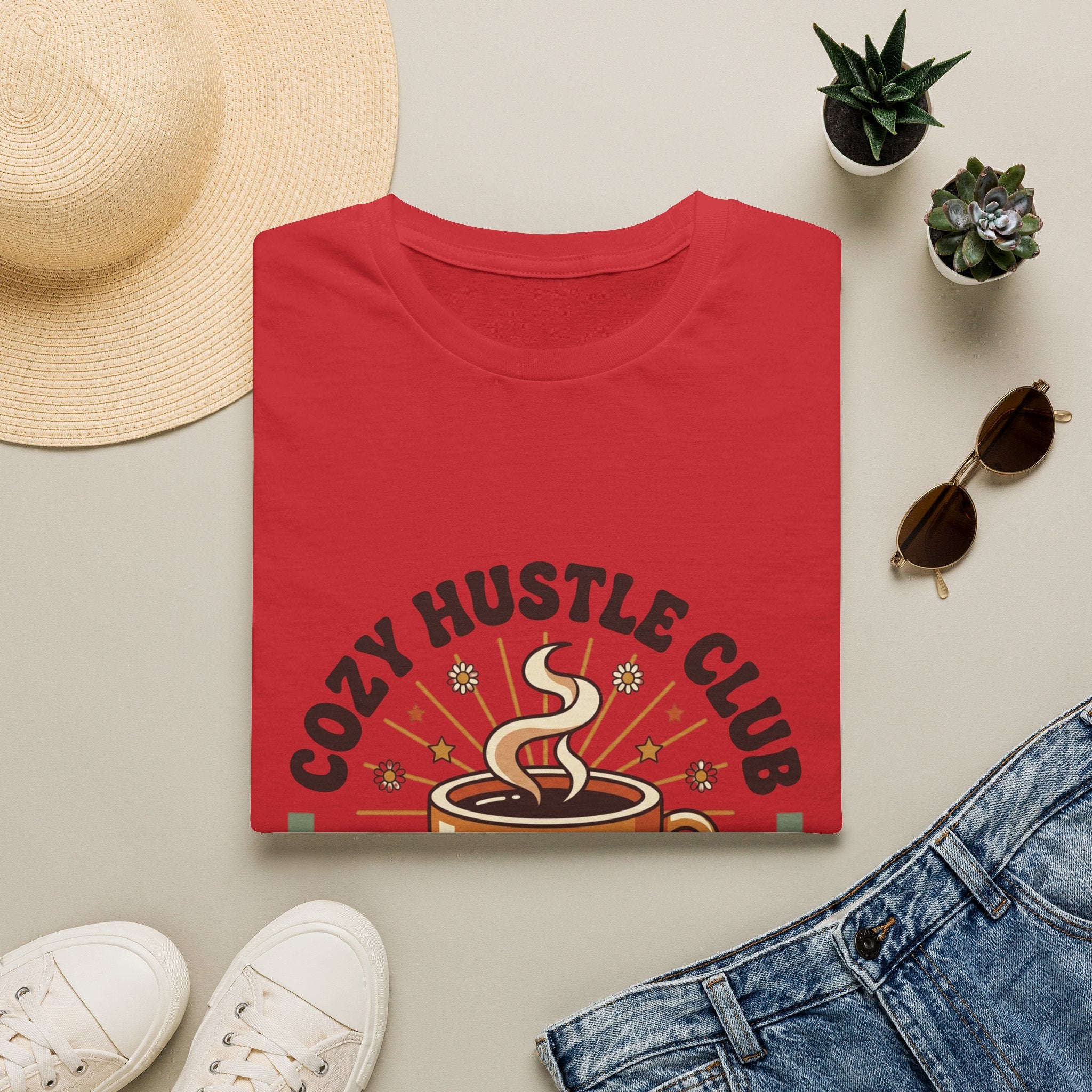 Cozy Hustle Club T-Shirt — Cute Coffee Cup Design for Remote Workers & Creatives