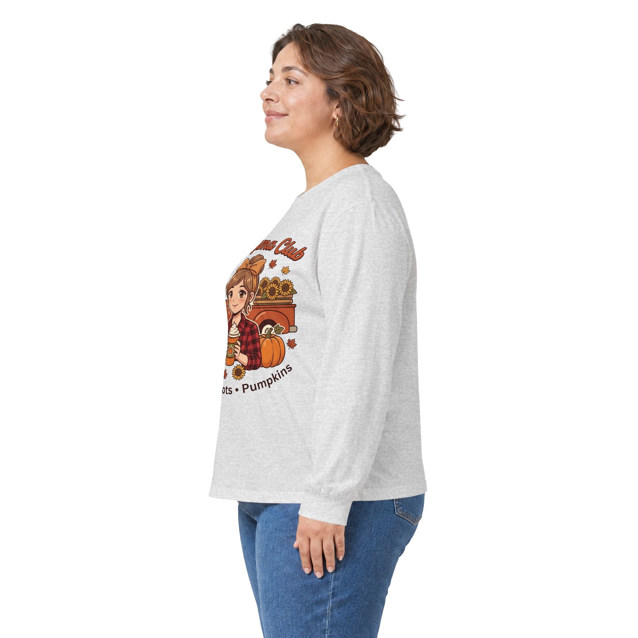 Fall Mama Club Long Sleeve Tee — Coffee, Boots & Pumpkins Graphic