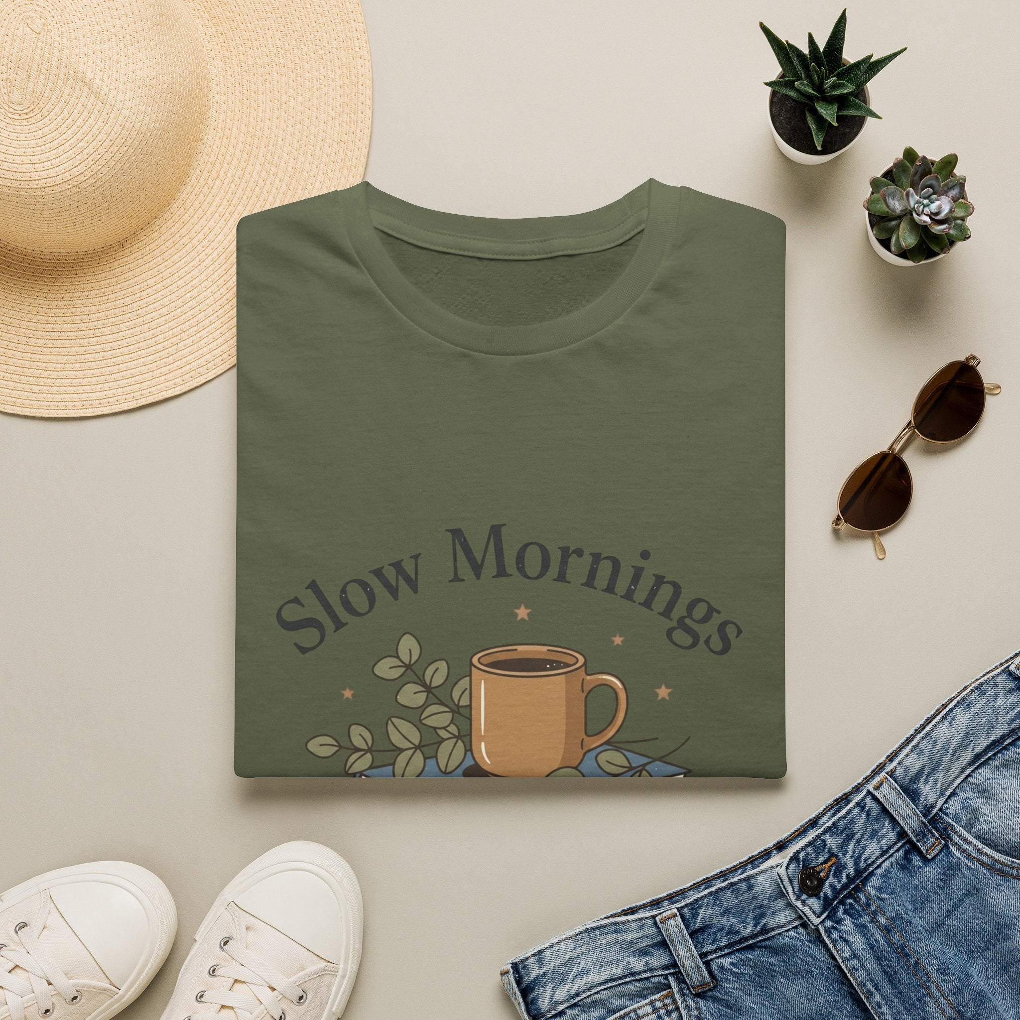 Slow Mornings T-Shirt — "Slow Mornings, Big Dreams" Cozy Coffee Graphic Tee