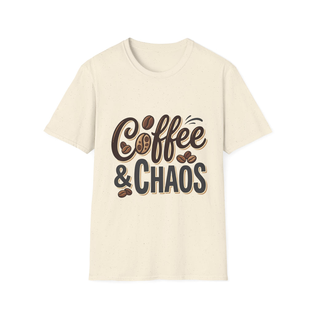 Front view of a white t-shirt with "Coffee & Chaos" in brown and black script, accented with coffee beans.