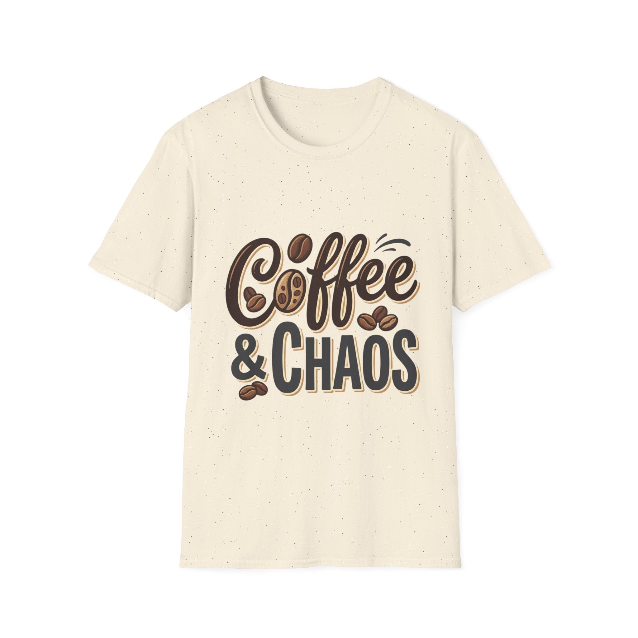 Front view of a white t-shirt with "Coffee & Chaos" in brown and black script, accented with coffee beans.