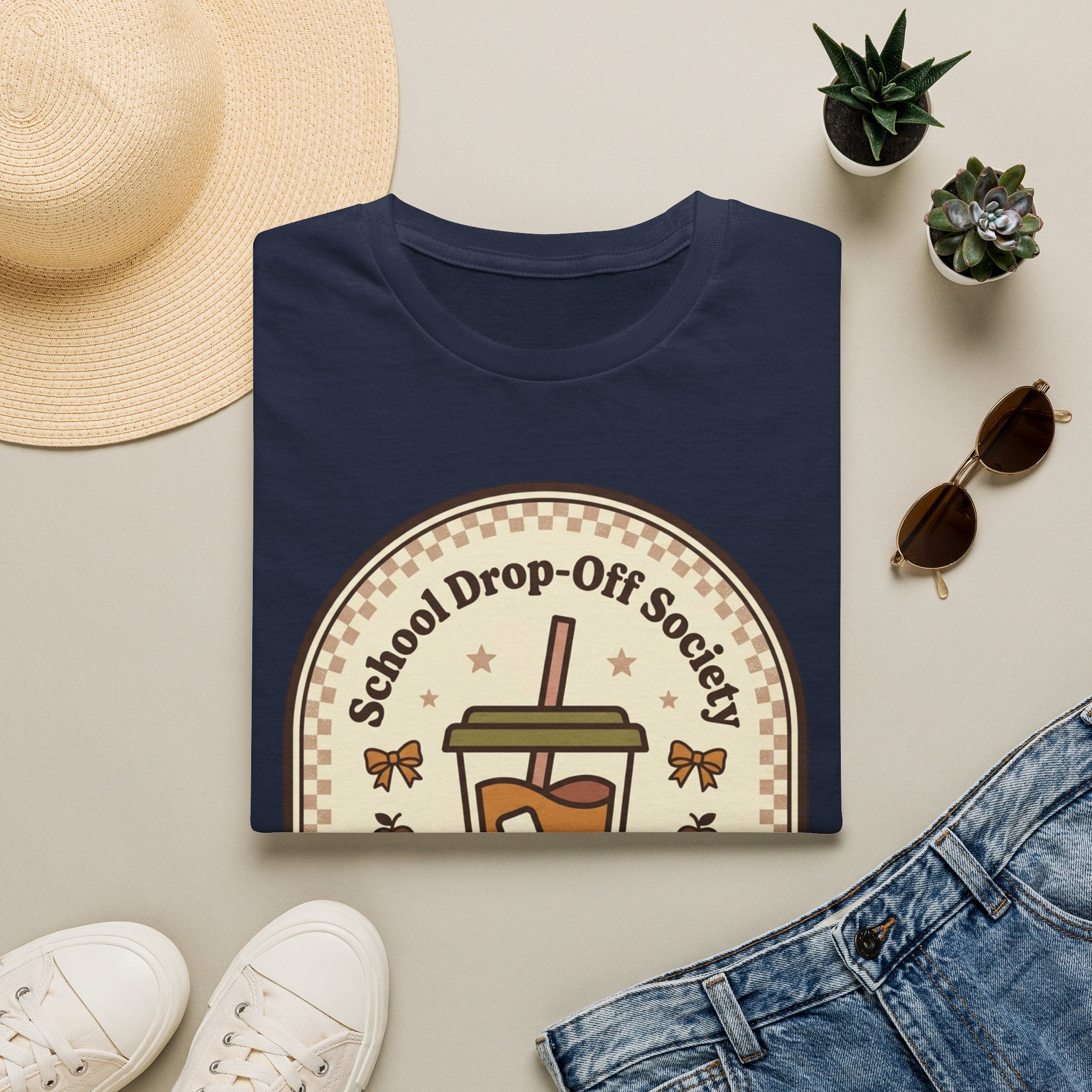 T-Shirt — "School Drop-Off Society" Iced Coffee Mom Shirt (Fueled by Caffeine Since 7:15 AM)