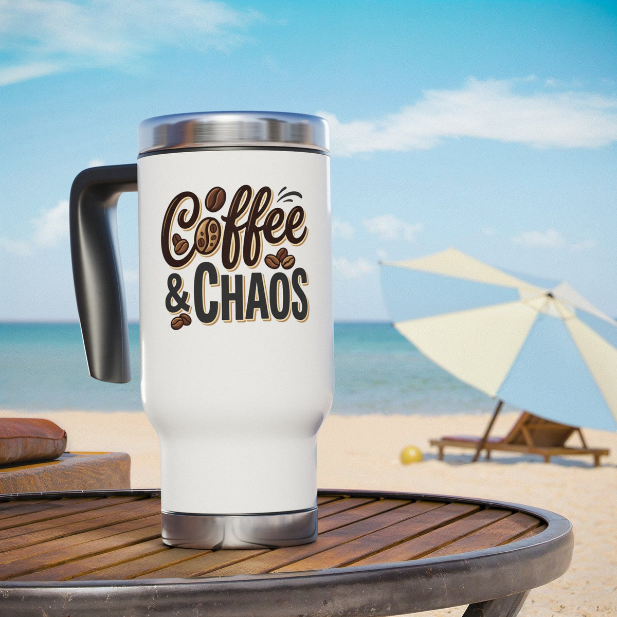 Coffee & Chaos Stainless Steel Travel Mug — 14oz Insulated with Handle