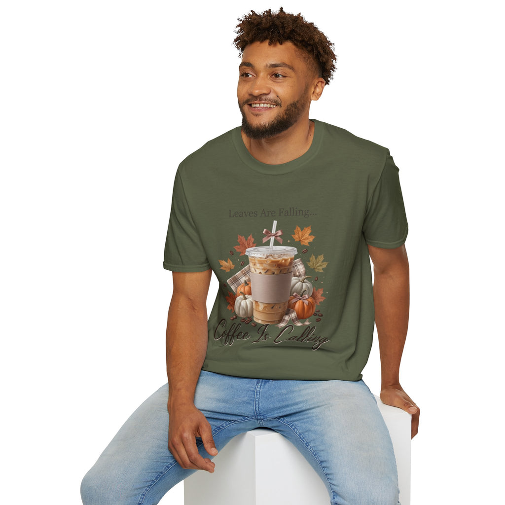 Front view of a man wearing a "Leaves Are Falling... Coffee Is Calling" fall t-shirt with an iced latte graphic.