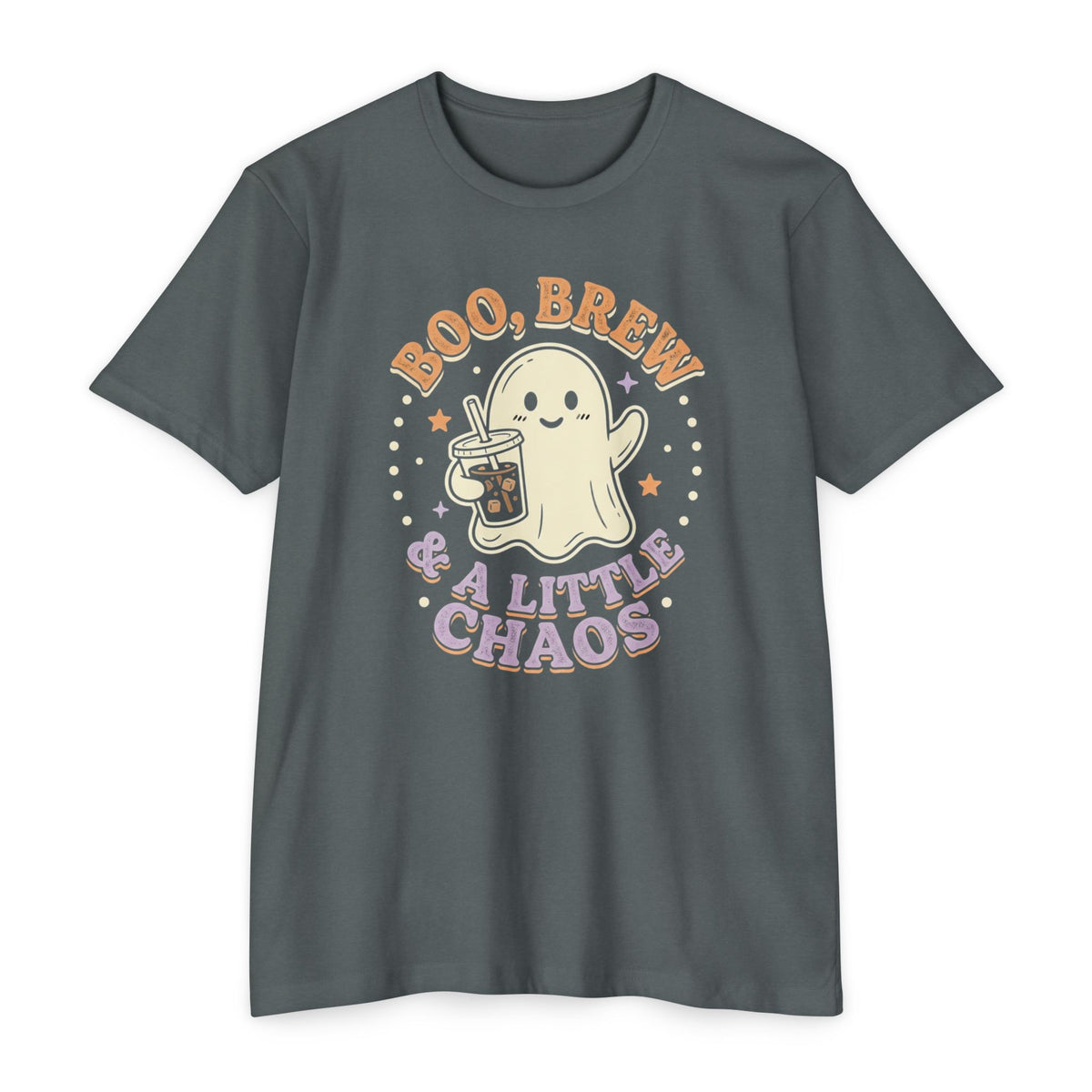 Halloween Ghost Tee — "Boo, Brew & A Little Chaos" Graphic T-Shirt