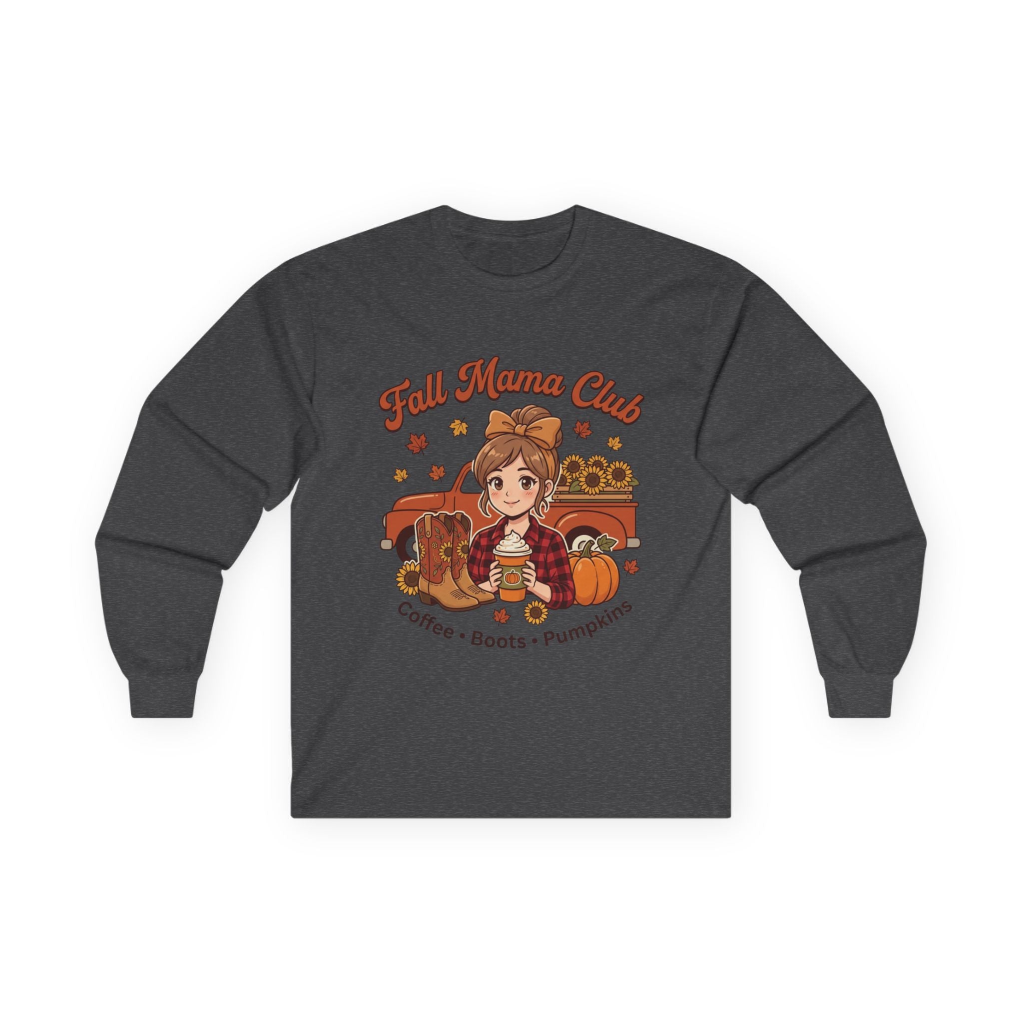 Fall Mama Club Long Sleeve Tee — Coffee, Boots & Pumpkins Graphic