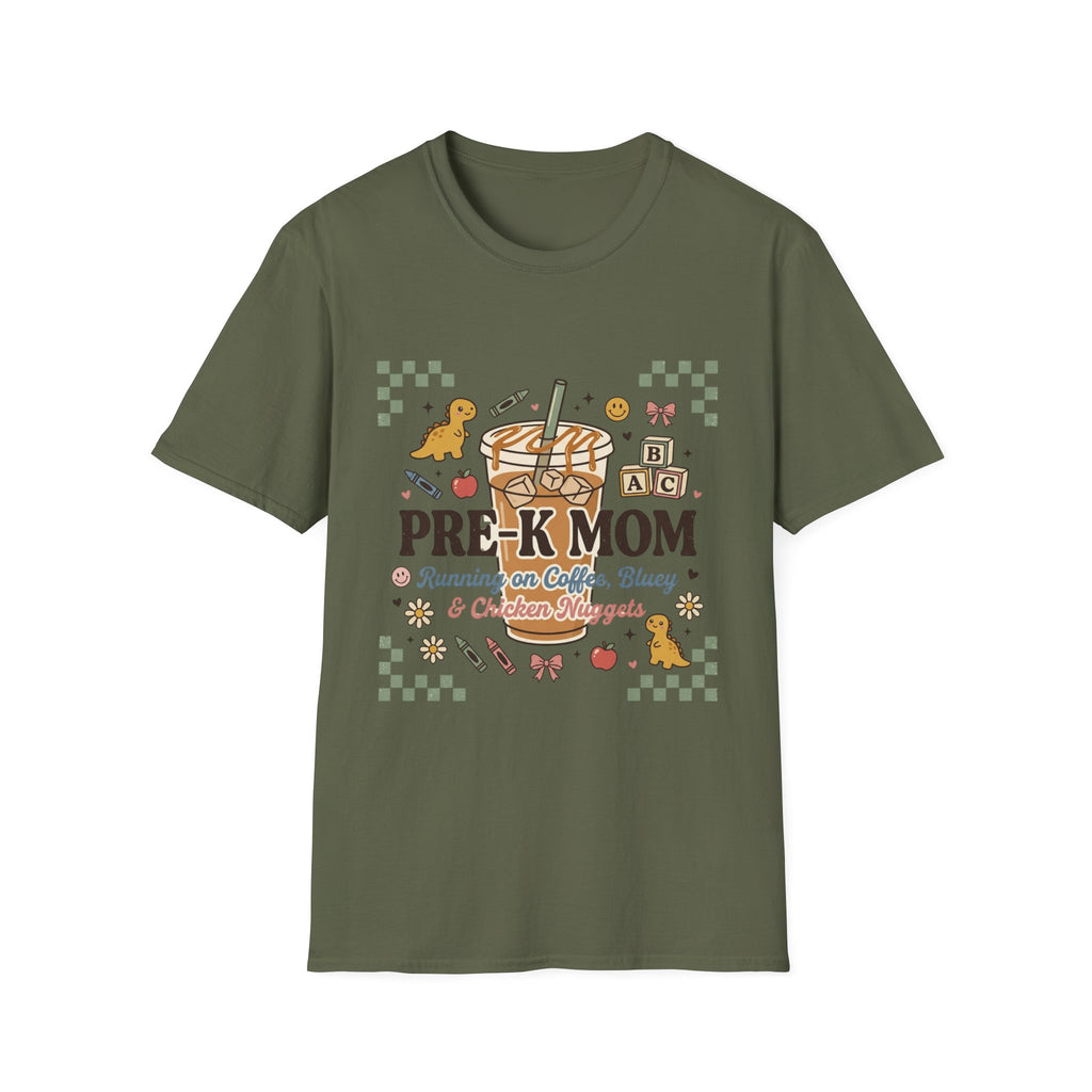 Pre-K Mom T-Shirt – I Survive on Coffee, Snacks & Classroom Chaos Mom Tee
