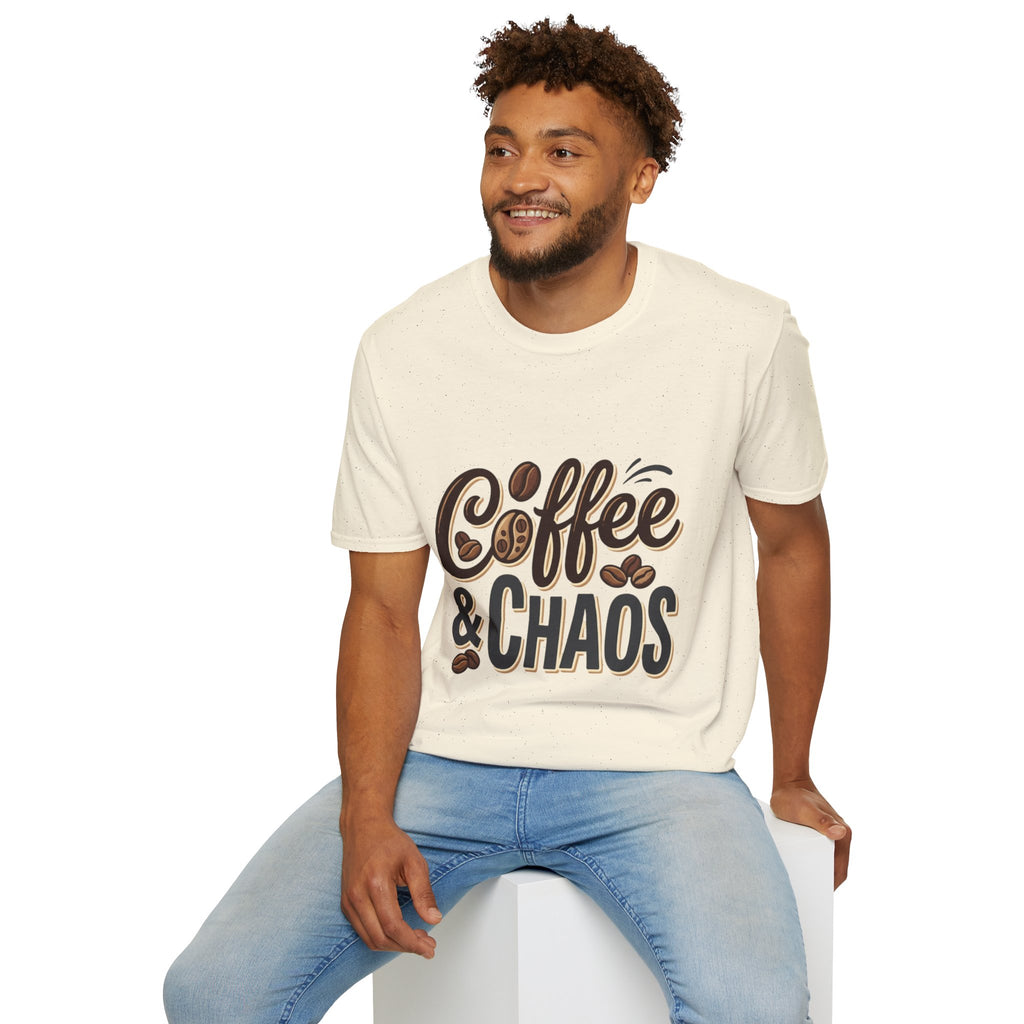 Front view of a man wearing a light cream "Coffee & Chaos" t-shirt with coffee bean graphics.