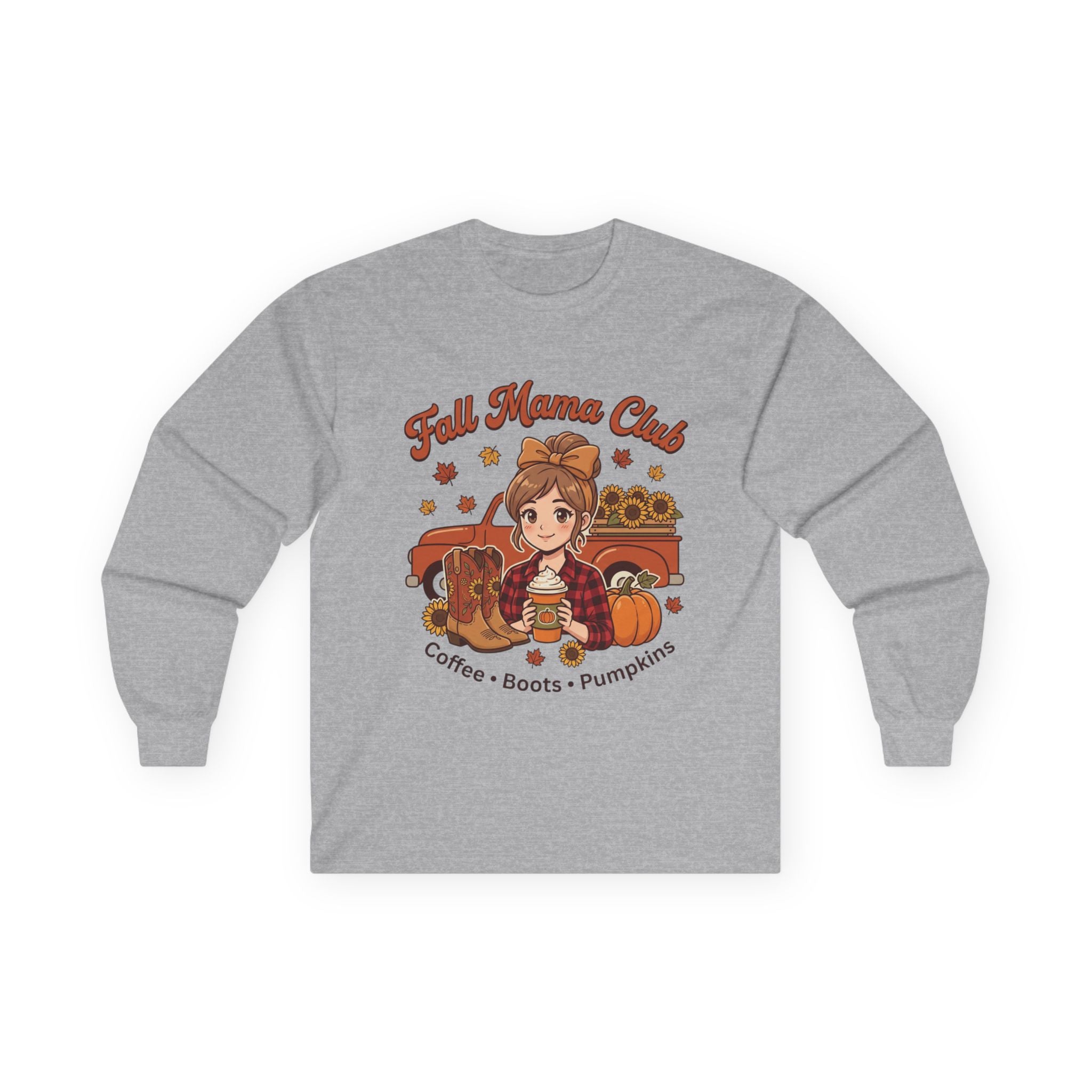 Gray long-sleeve tee with "Fall Mama Club" graphic, featuring a woman, red truck, sunflowers, boots, and pumpkins.