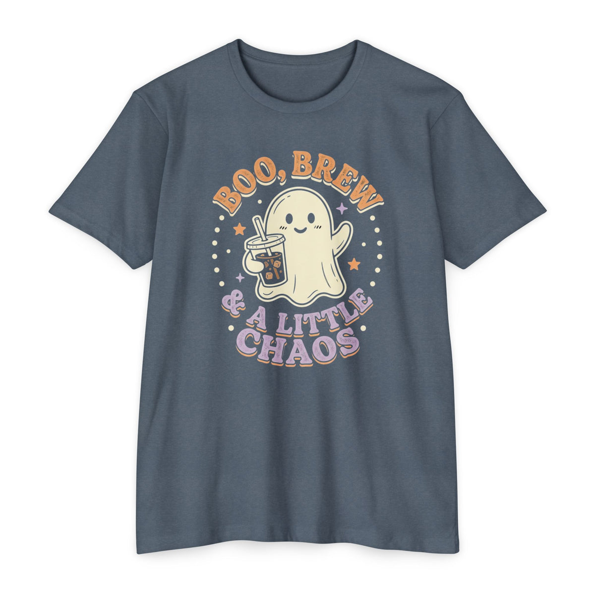 Halloween Ghost Tee — "Boo, Brew & A Little Chaos" Graphic T-Shirt