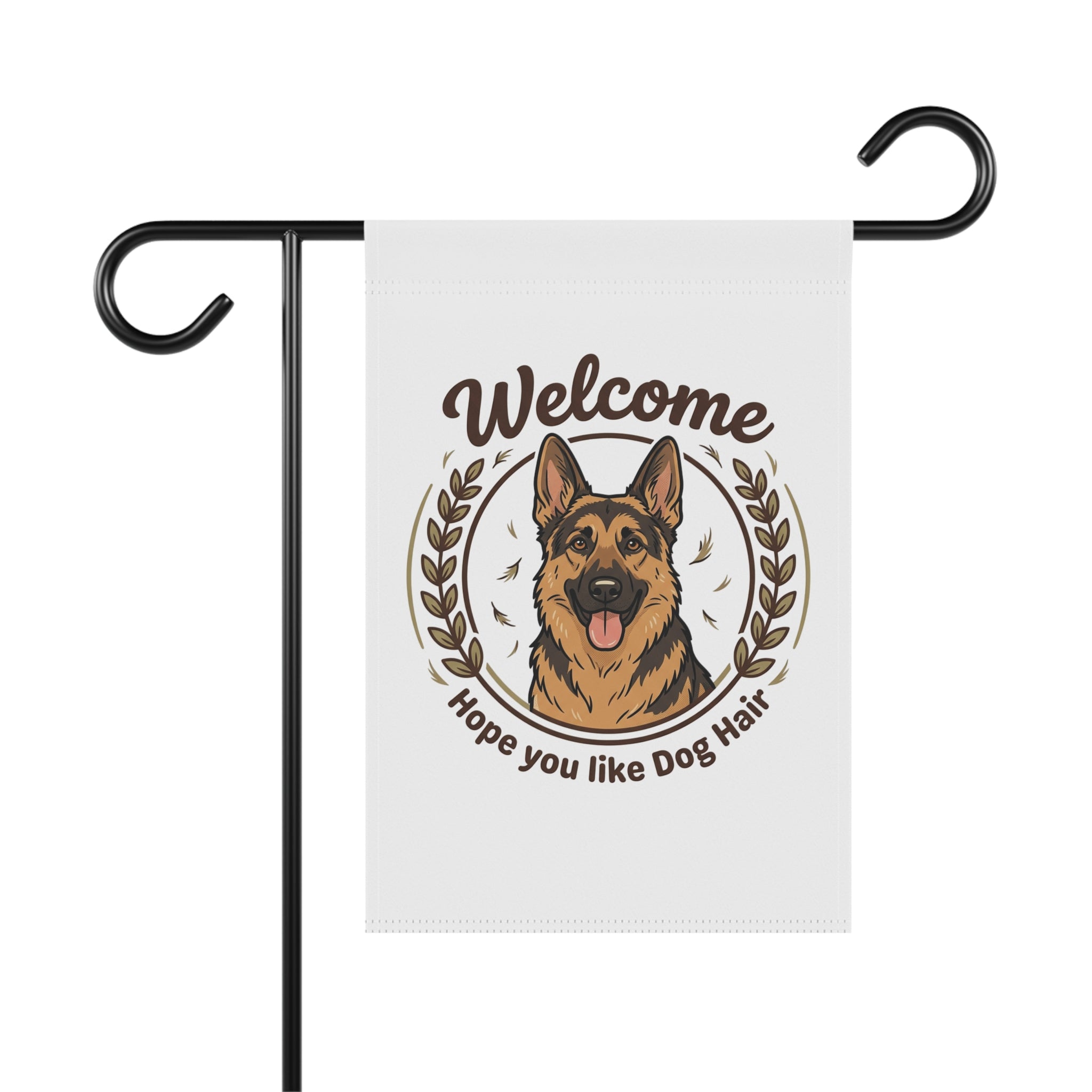 Welcome Garden Flag with a German Shepherd illustration and "Hope you like Dog Hair" text, front view.