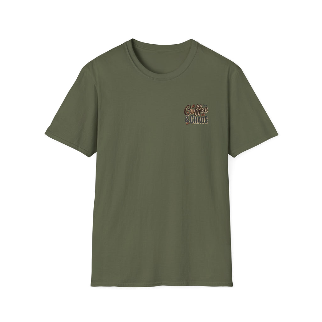 Coffee & Chaos T-Shirt — Retro Script Graphic Tee for Coffee Lovers