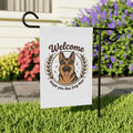 Welcome Garden Flag with a German Shepherd illustration and text "Welcome Hope you like Dog Hair" on a lawn.