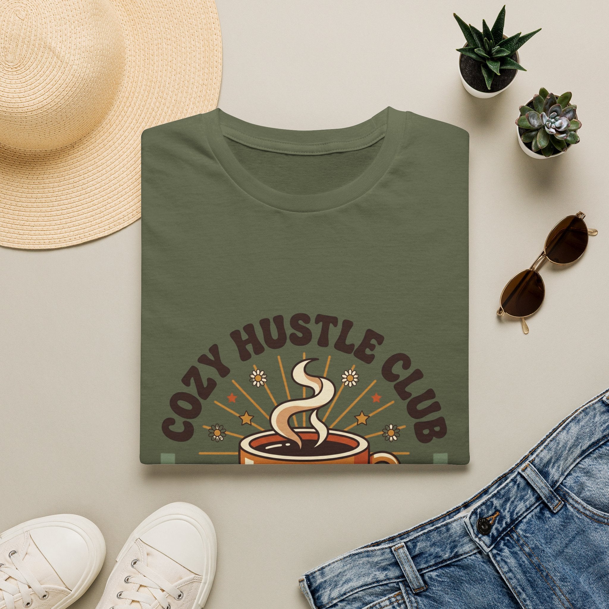 Cozy Hustle Club T-Shirt — Cute Coffee Cup Design for Remote Workers & Creatives