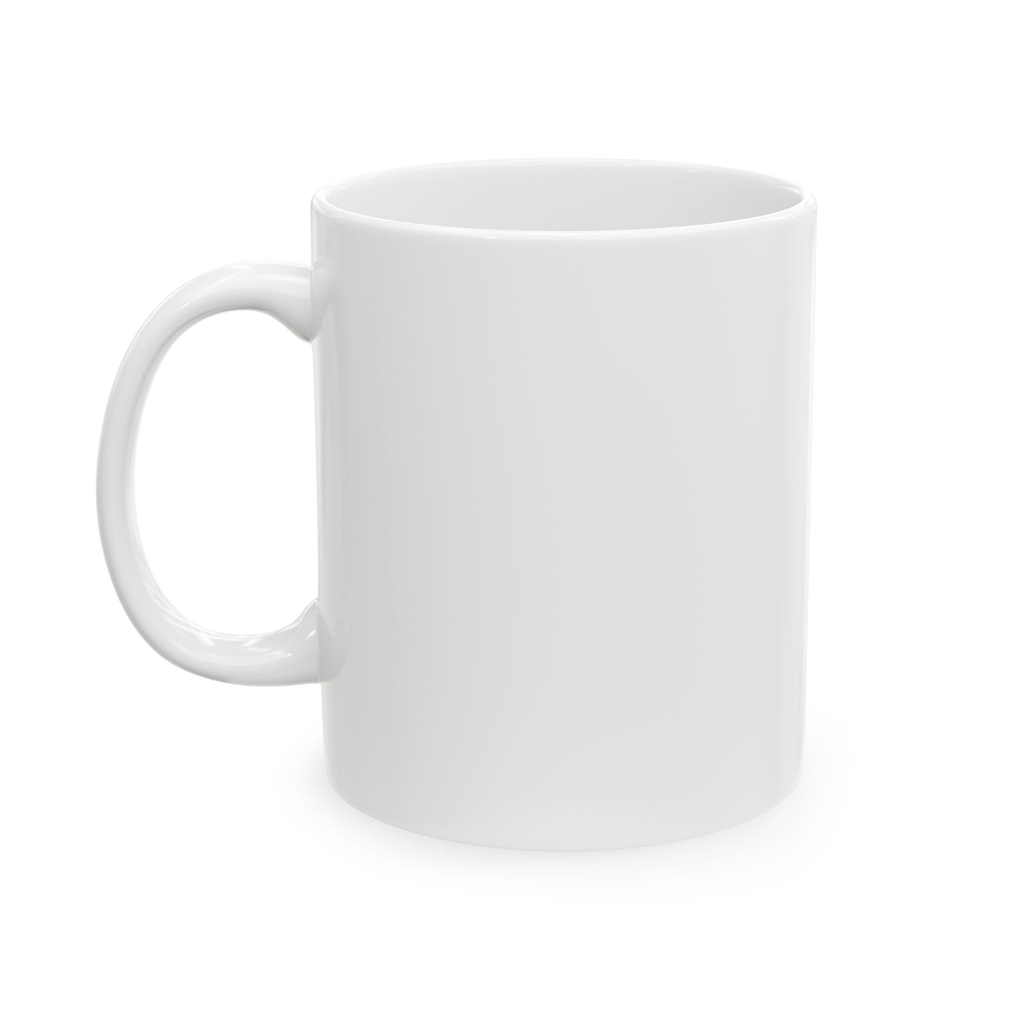 Front view of a white ceramic coffee mug with a C-shaped handle, isolated on a white background.