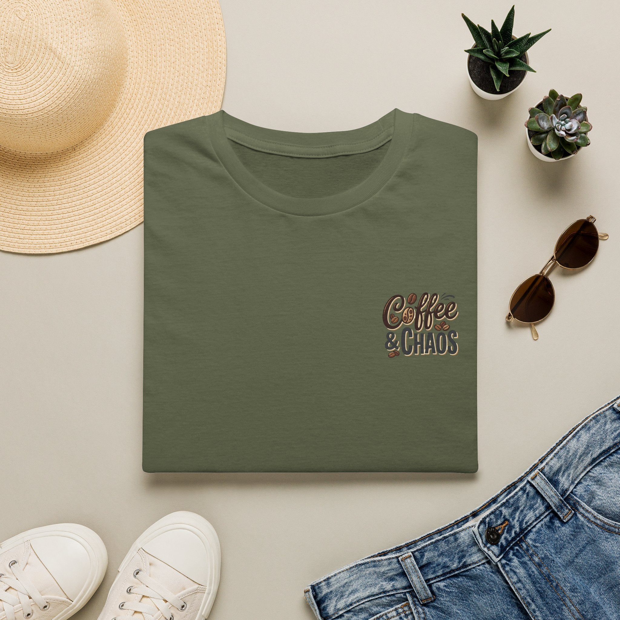Coffee & Chaos T-Shirt — Retro Script Graphic Tee for Coffee Lovers