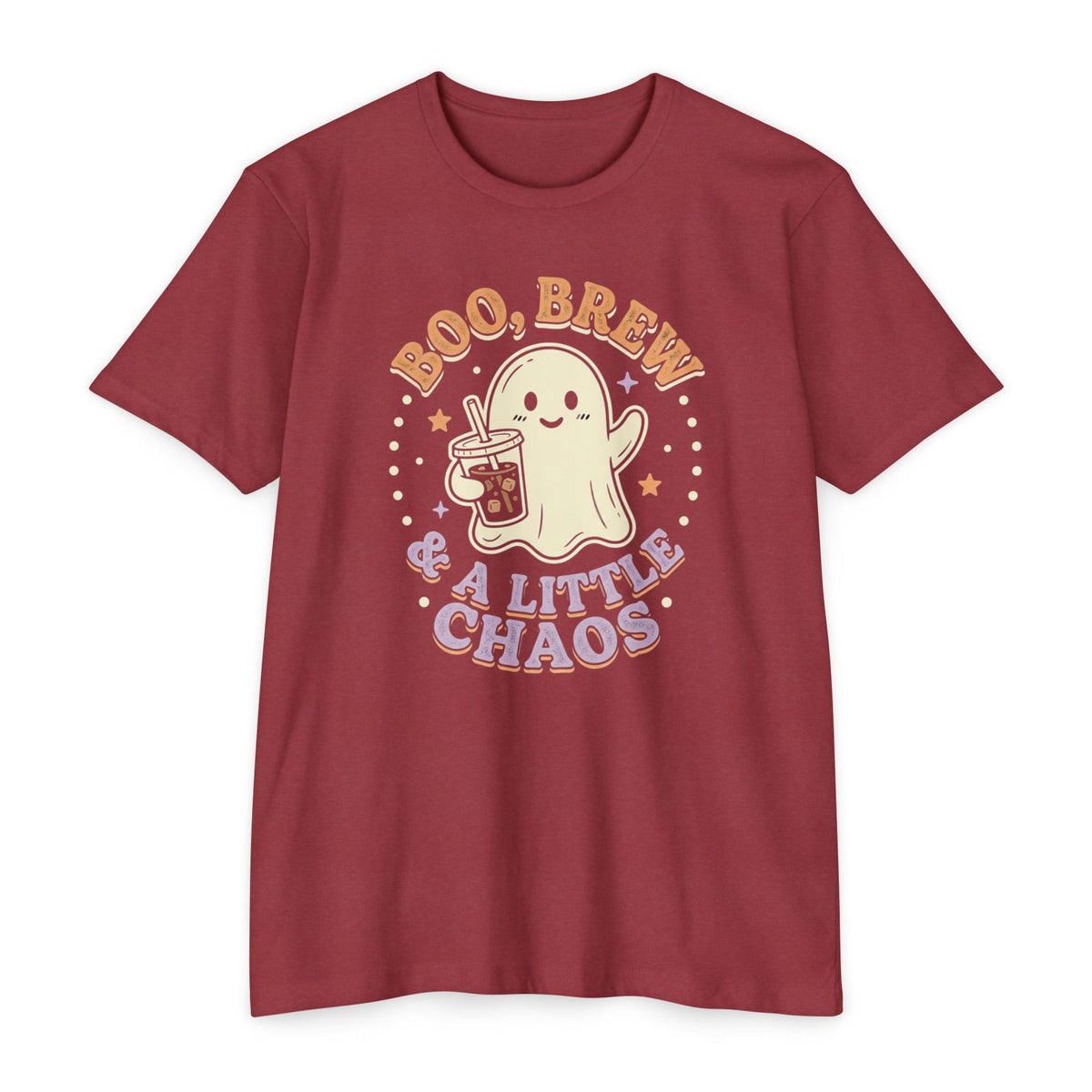 Halloween Ghost Tee — "Boo, Brew & A Little Chaos" Graphic T-Shirt