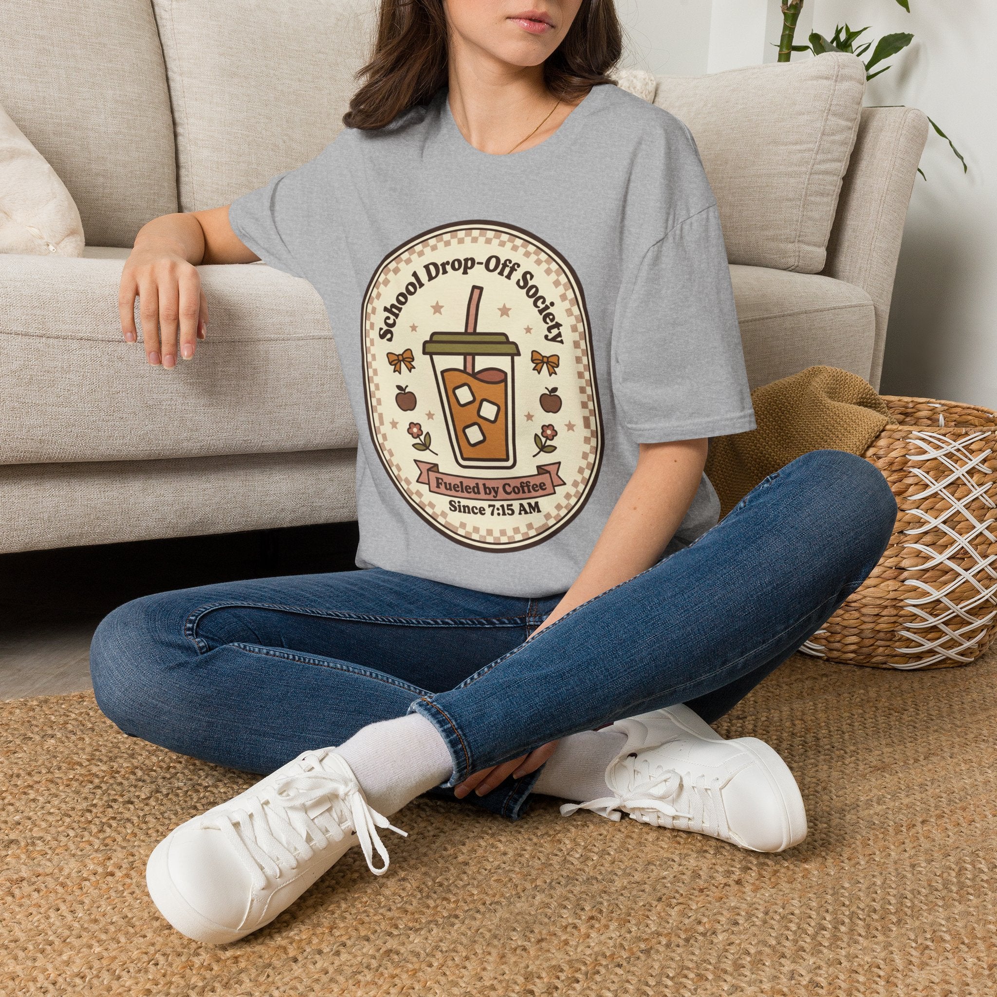 T-Shirt — "School Drop-Off Society" Iced Coffee Mom Shirt (Fueled by Caffeine Since 7:15 AM)