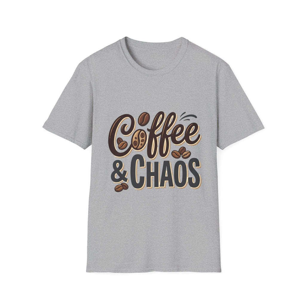 Front view of a light gray Coffee & Chaos T-Shirt with brown and black lettering and coffee bean graphics.