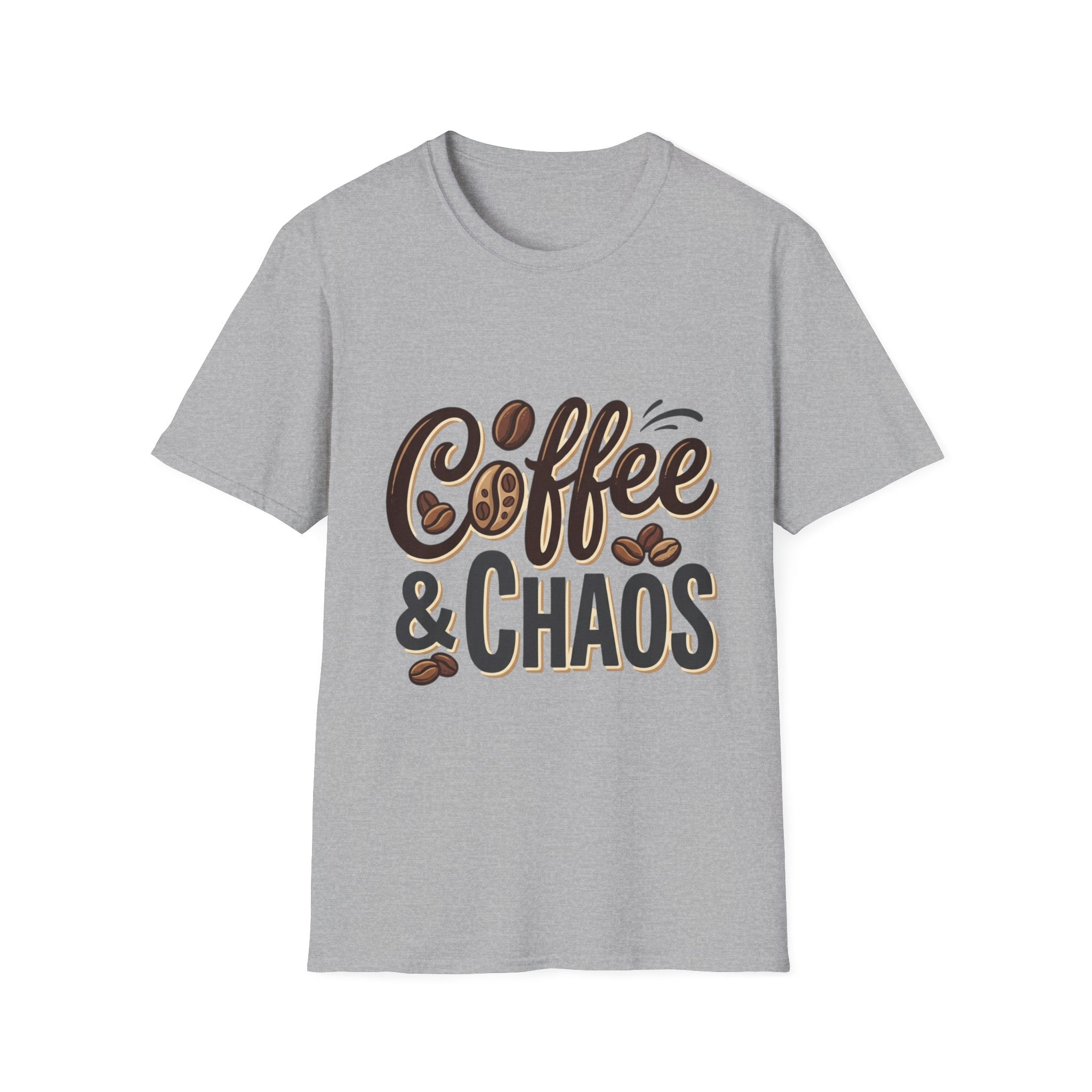 Front view of a light gray Coffee & Chaos T-Shirt with brown and black lettering and coffee bean graphics.