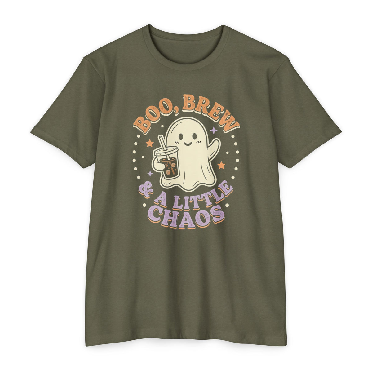 Halloween Ghost Tee — "Boo, Brew & A Little Chaos" Graphic T-Shirt