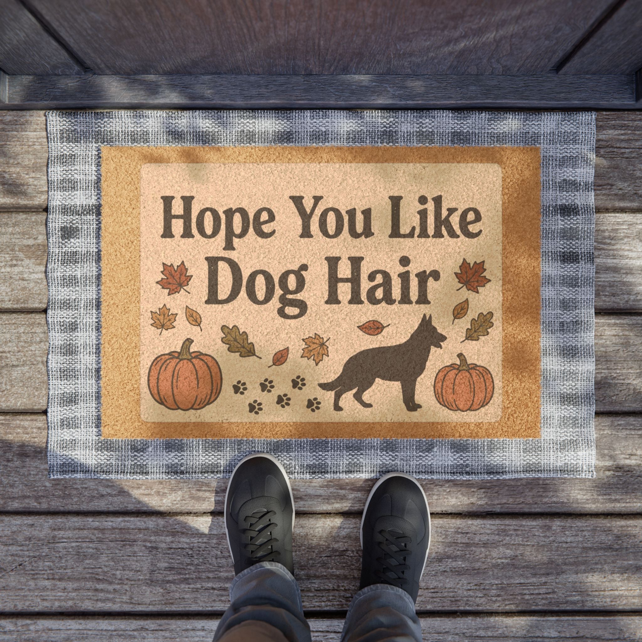 Hope You Like Dog Hair Doormat with autumn pumpkins, falling leaves, paw prints, and a dog silhouette.