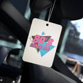 80's Made Me Car Air Freshener, rectangular, hanging from a rearview mirror, with pink and teal retro graphic.