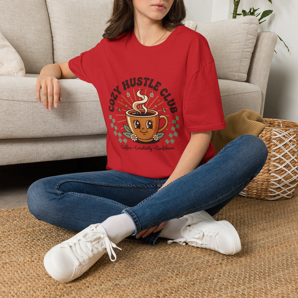 Cozy Hustle Club T-Shirt — Cute Coffee Cup Design for Remote Workers & Creatives