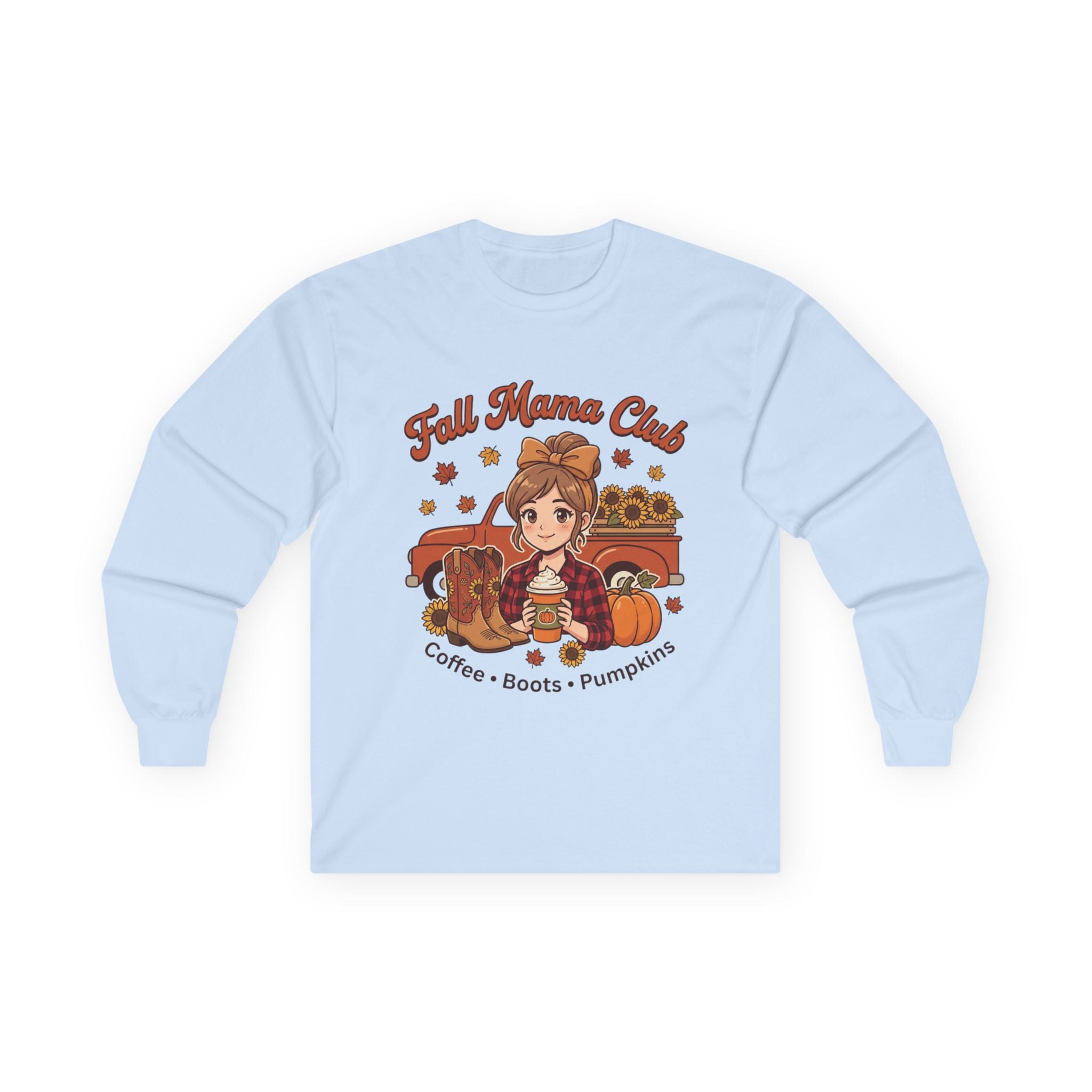 Fall Mama Club Long Sleeve Tee — Coffee, Boots & Pumpkins Graphic