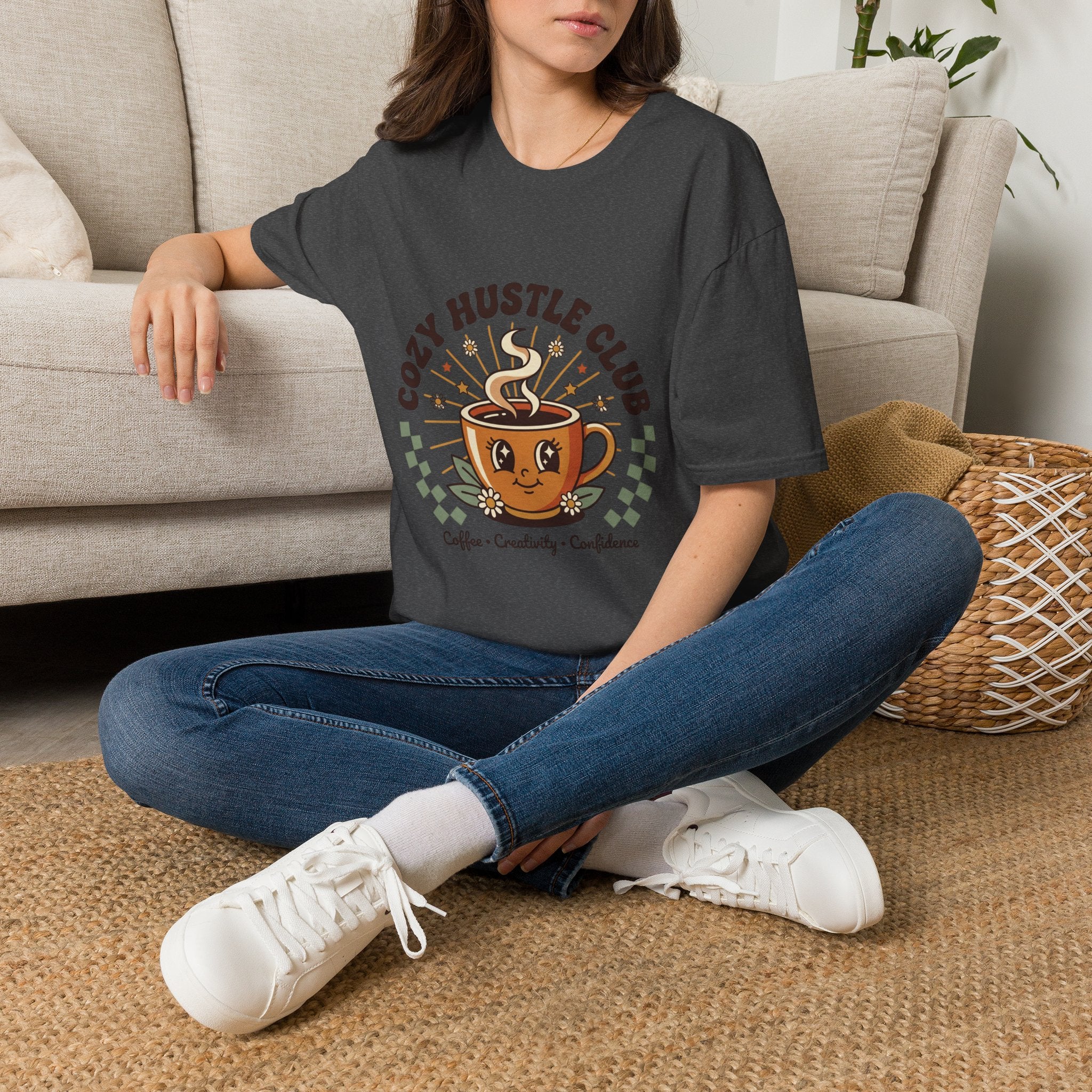 Cozy Hustle Club T-Shirt — Cute Coffee Cup Design for Remote Workers & Creatives