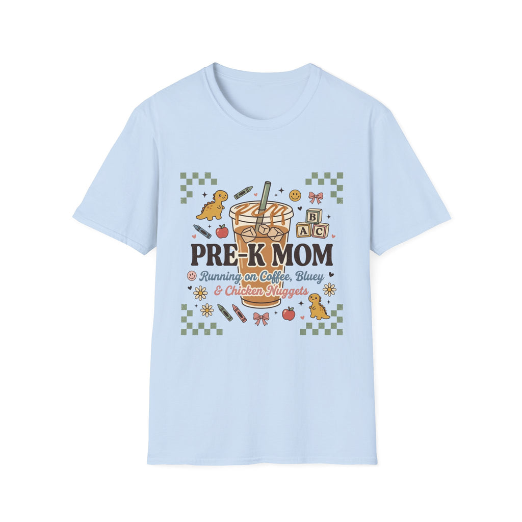 Pre-K Mom T-Shirt – I Survive on Coffee, Snacks & Classroom Chaos Mom Tee