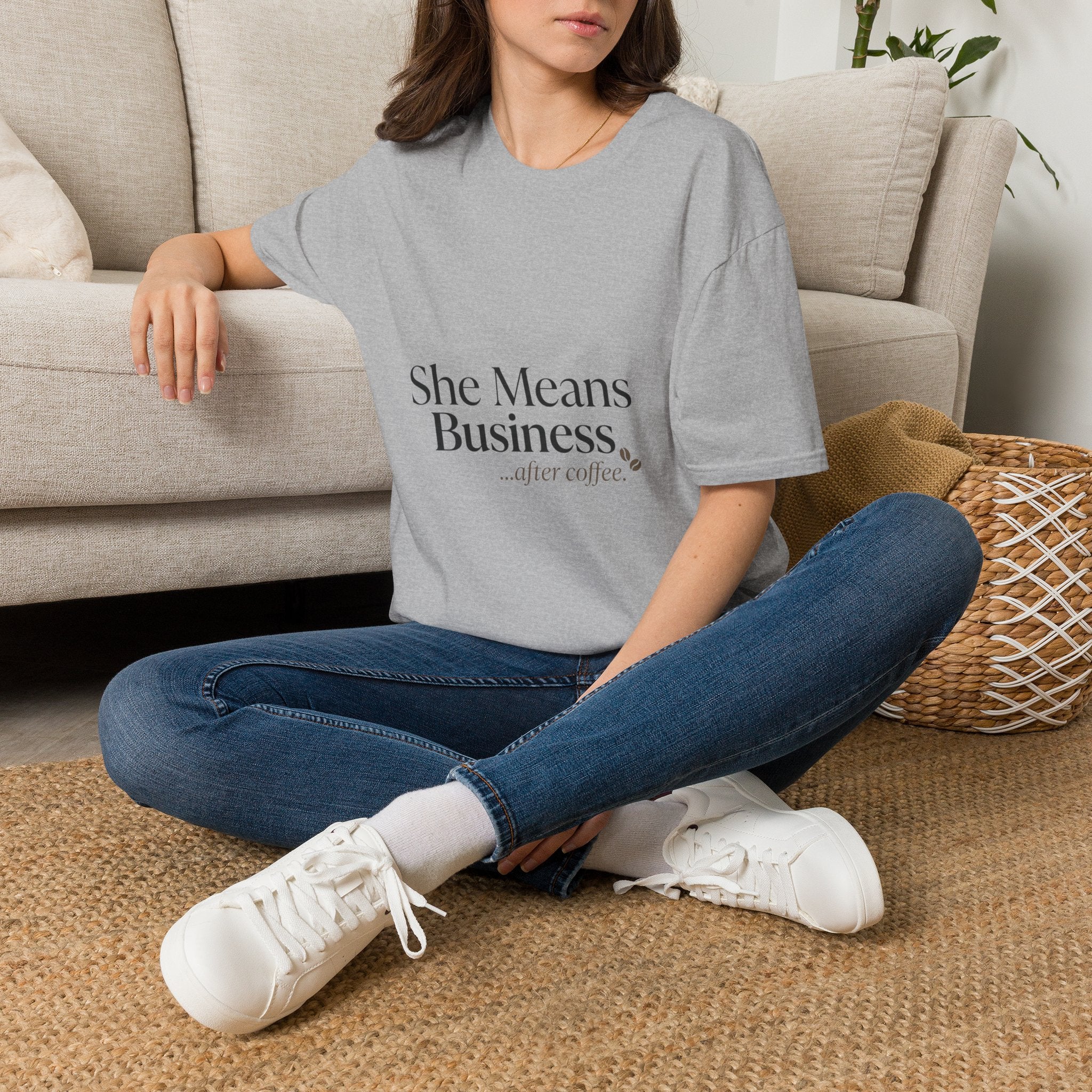 She Means Business T-Shirt — 'She Means Business...after coffee.' Motivational Women's Tee