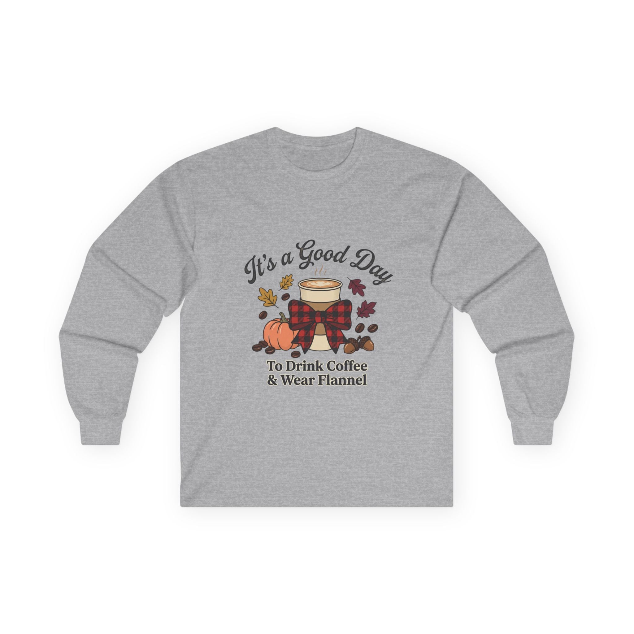 Gray long sleeve tee with a fall-themed graphic: coffee cup with a plaid bow, pumpkin, leaves, and acorns.