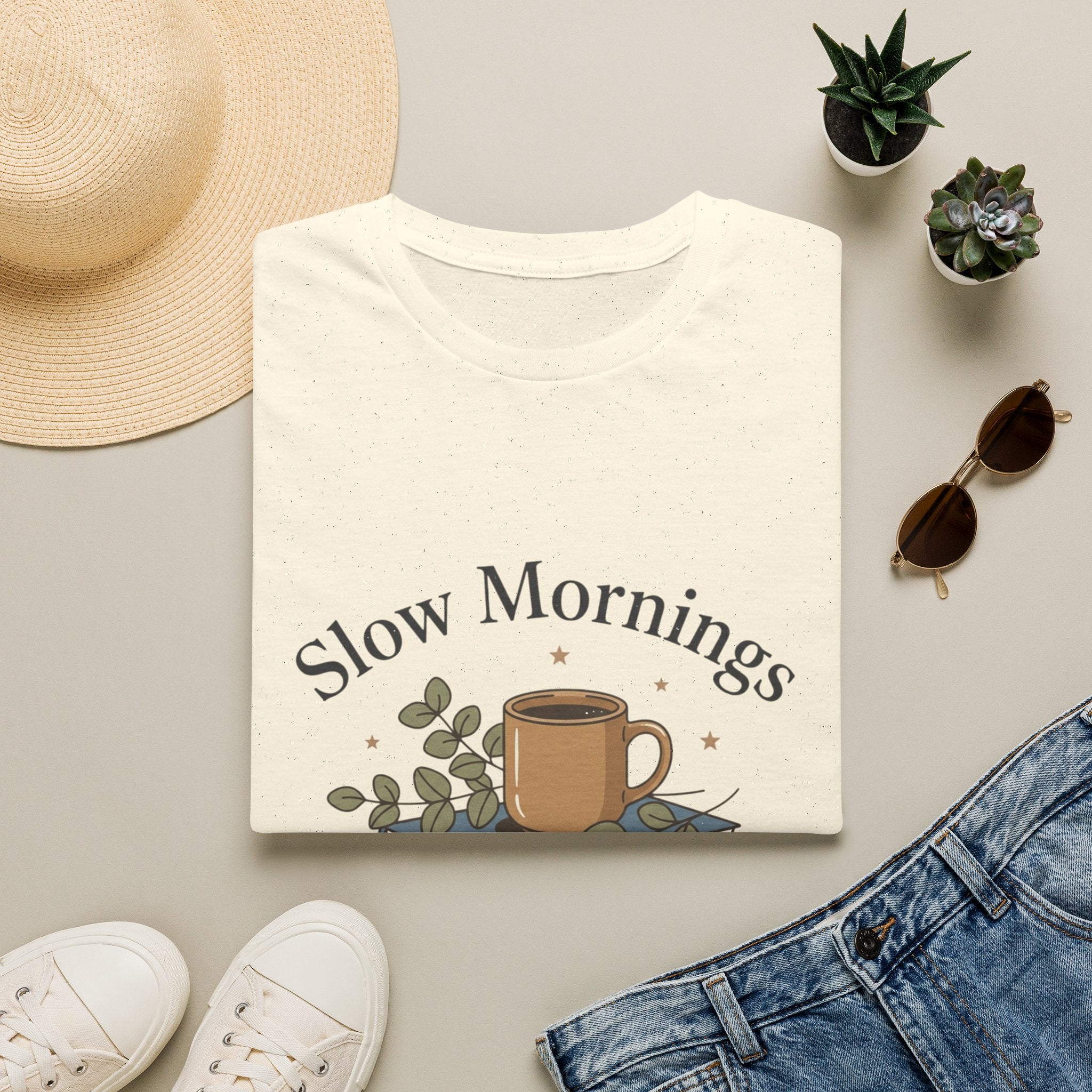 Slow Mornings T-Shirt — "Slow Mornings, Big Dreams" Cozy Coffee Graphic Tee