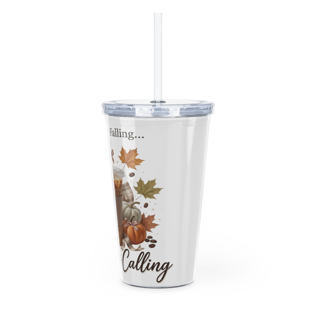 Front view of a white 20oz plastic tumbler with a clear lid and straw, featuring fall-themed art.