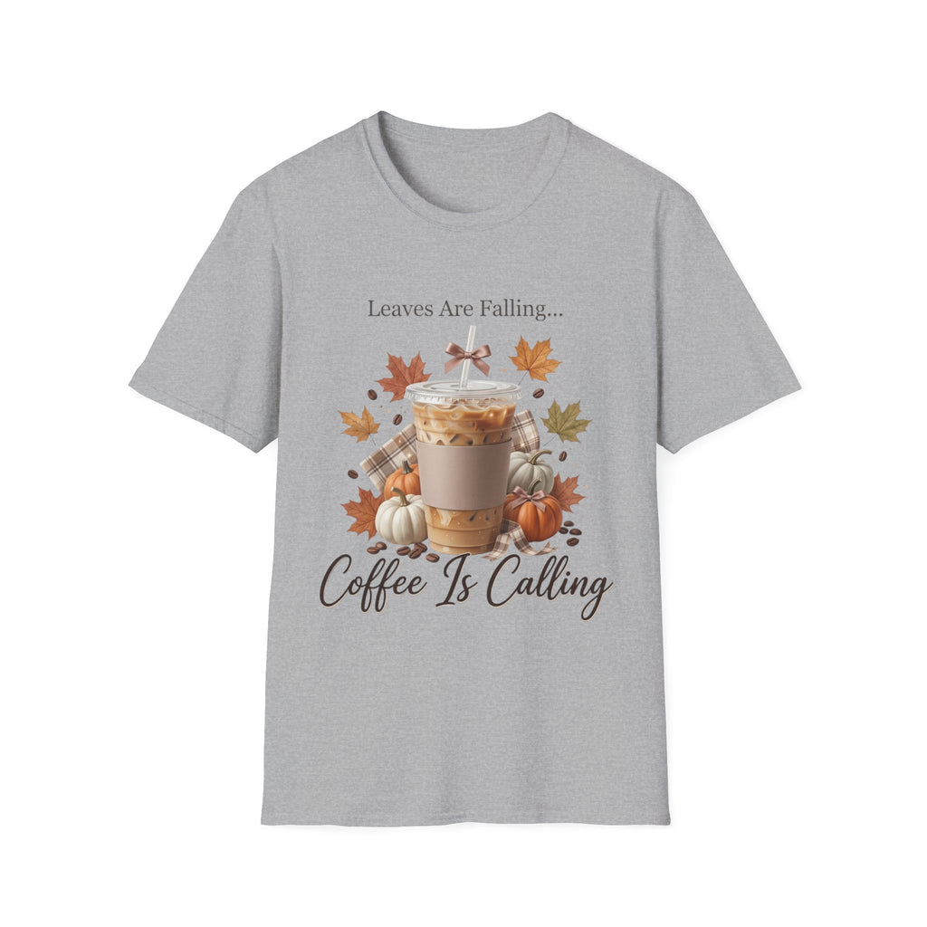 Front view of a gray t-shirt with a fall-themed graphic of an iced coffee, pumpkins, and autumn leaves. Text reads "Leaves Are Falling... Coffee Is Calling".
