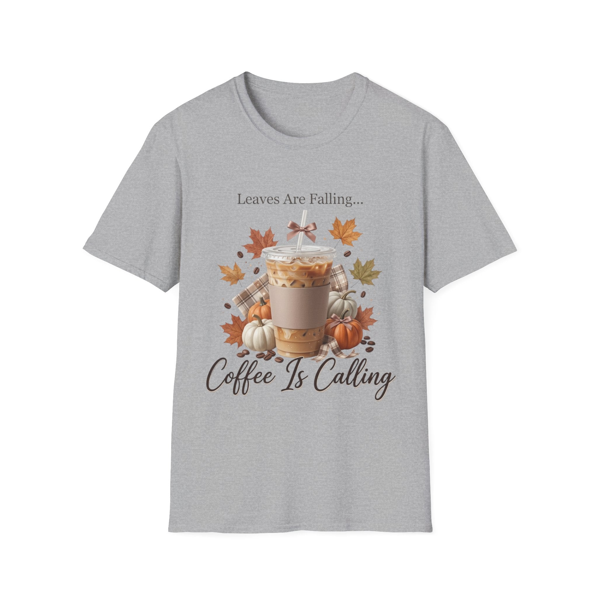 Front view of a gray t-shirt with a fall-themed graphic of an iced coffee, pumpkins, and autumn leaves. Text reads "Leaves Are Falling... Coffee Is Calling".
