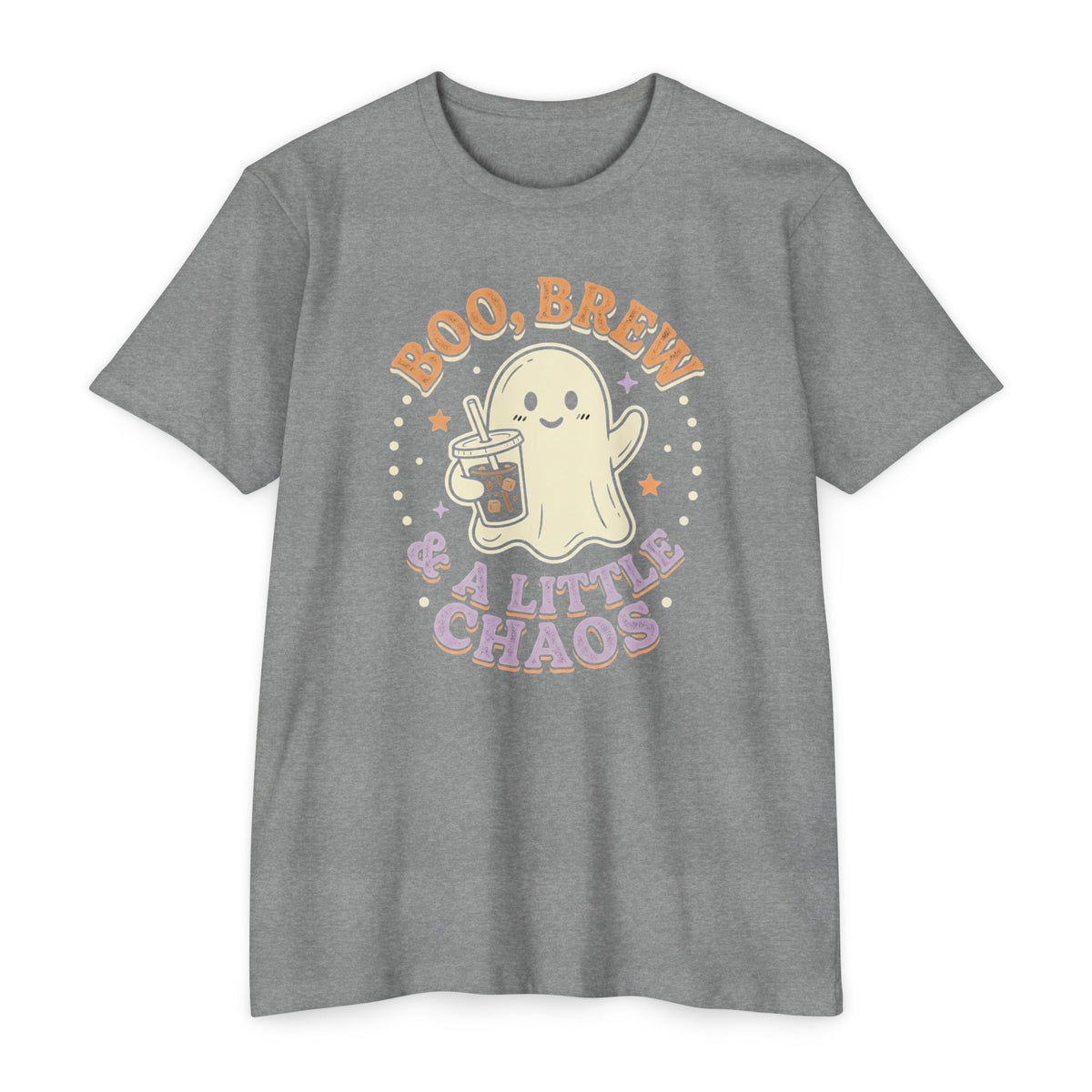 Halloween Ghost Tee — "Boo, Brew & A Little Chaos" Graphic T-Shirt