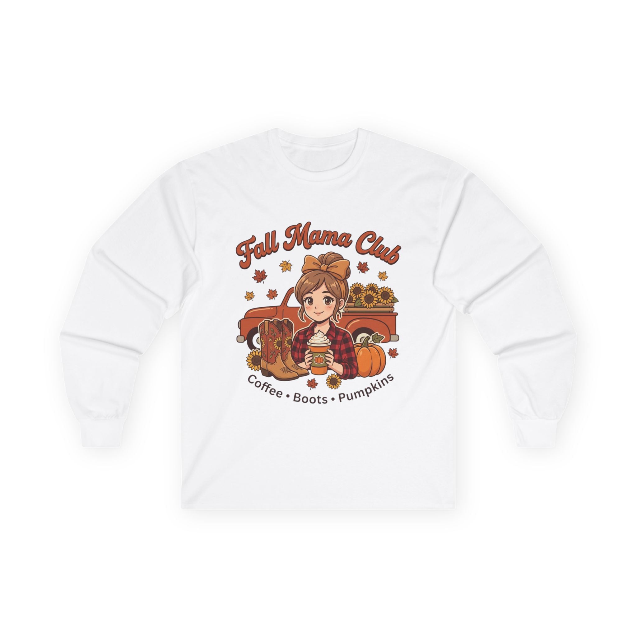 White long-sleeve tee with "Fall Mama Club" graphic featuring a woman, red truck, sunflowers, boots, and pumpkins.
