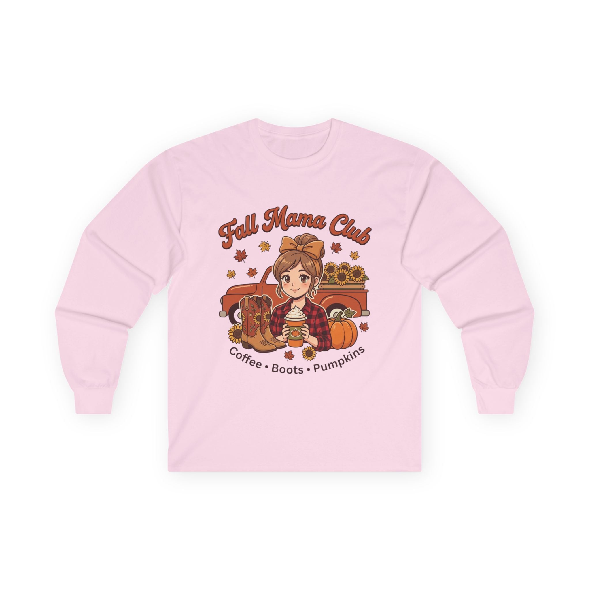 Fall Mama Club Long Sleeve Tee — Coffee, Boots & Pumpkins Graphic