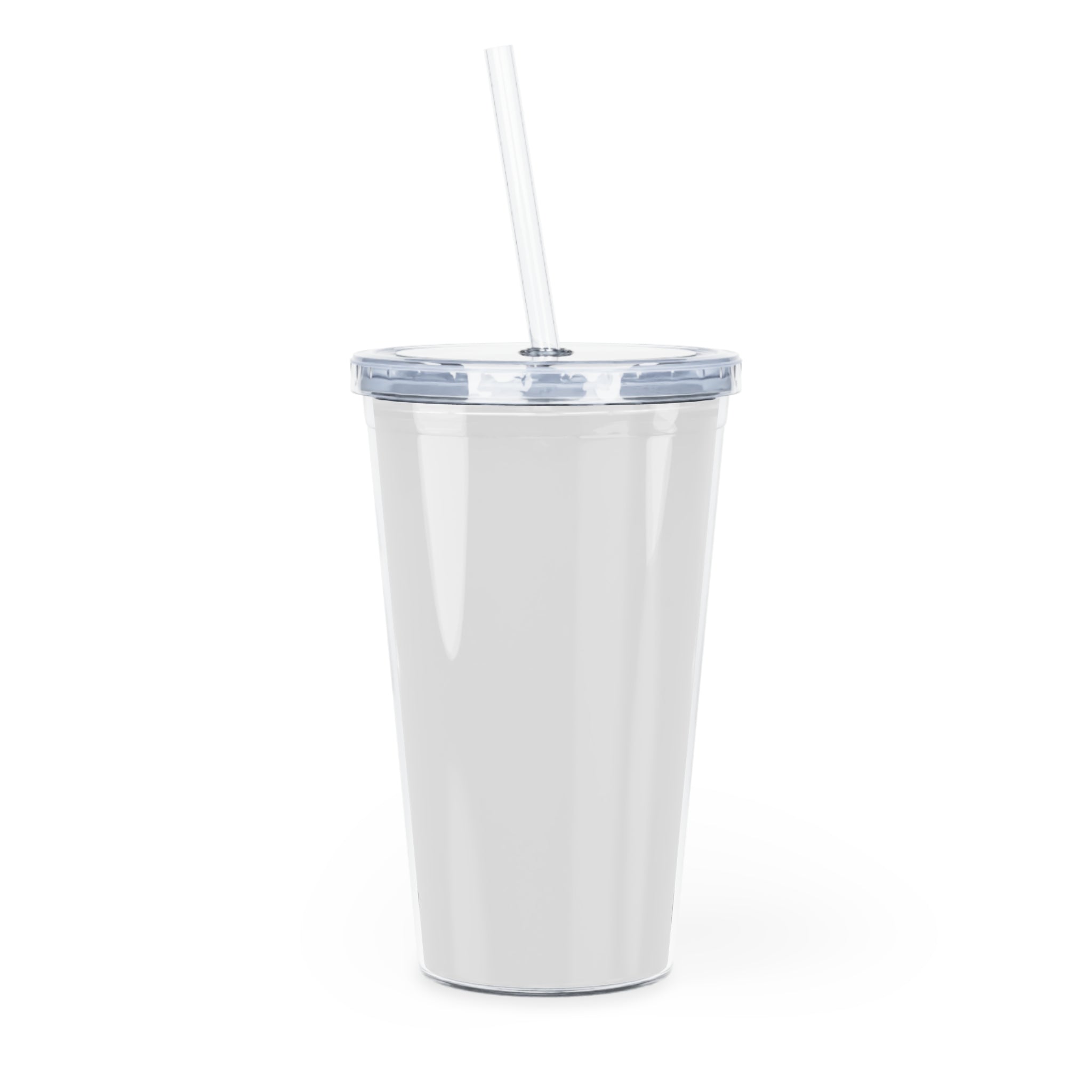 Front view of a clear plastic tumbler with a clear lid and a clear straw, on a white background.