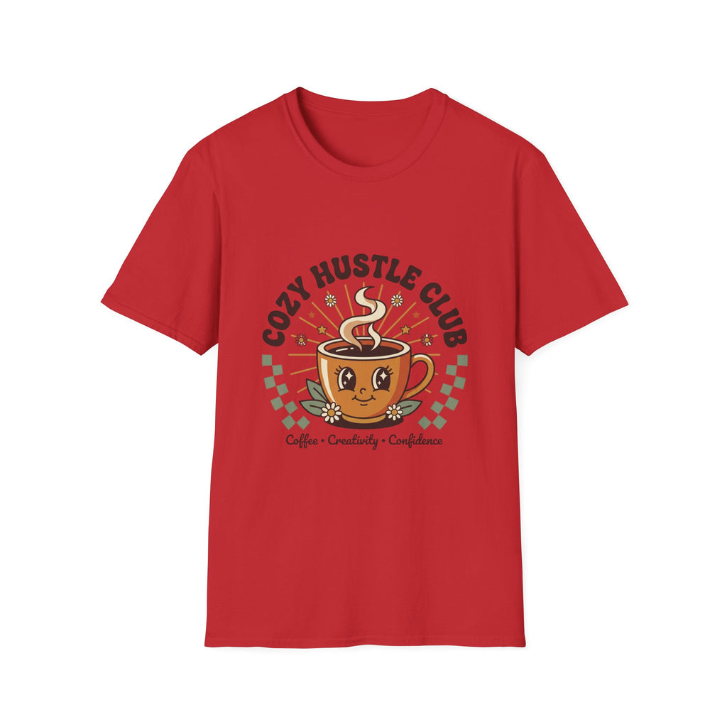 Cozy Hustle Club T-Shirt — Cute Coffee Cup Design for Remote Workers & Creatives