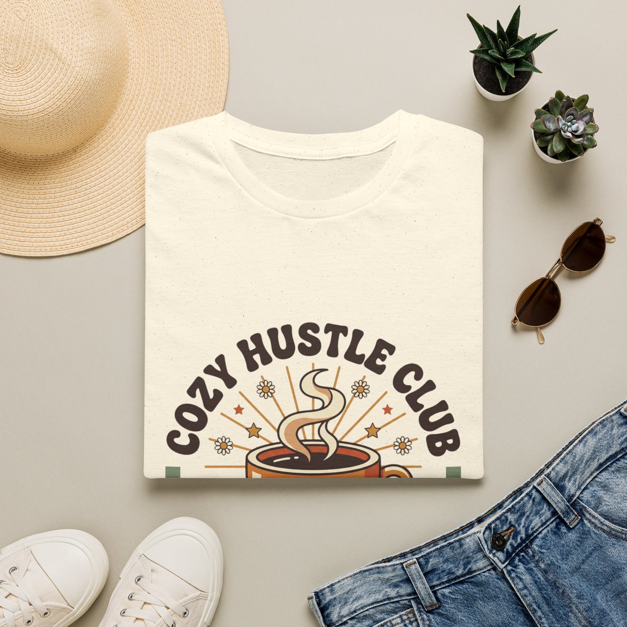 Cozy Hustle Club T-Shirt — Cute Coffee Cup Design for Remote Workers & Creatives