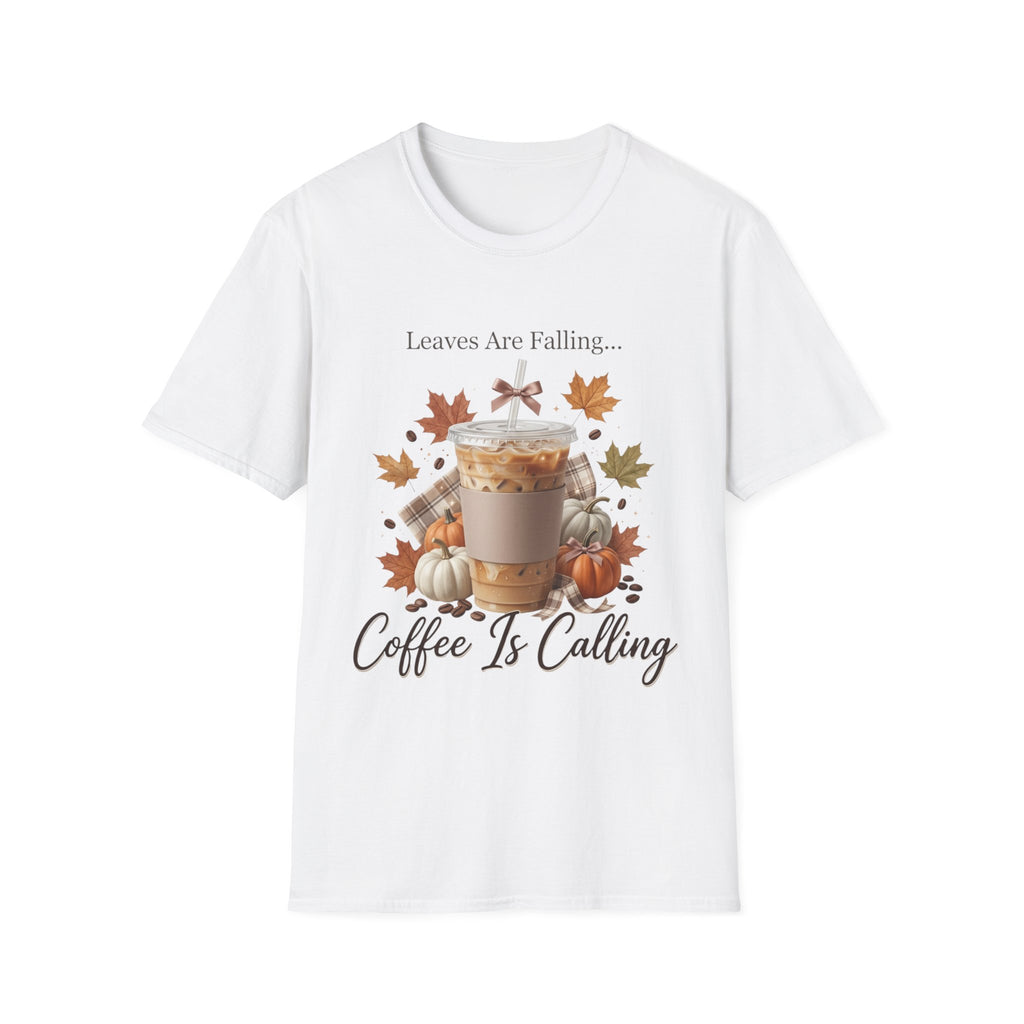 Front view of a white t-shirt with a fall-themed graphic: iced latte, pumpkins, leaves, and text "Leaves Are Falling... Coffee Is Calling".