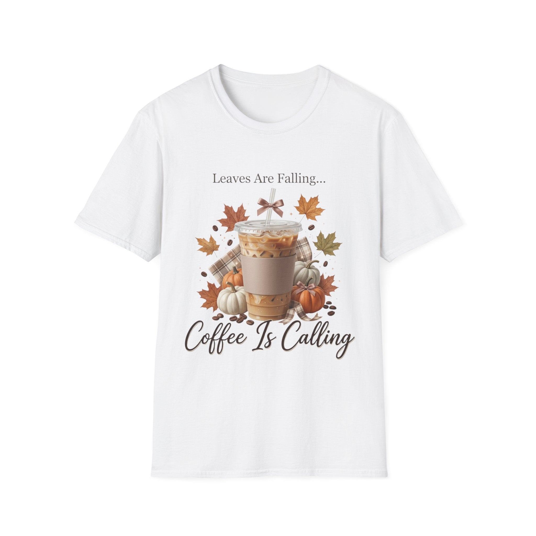 Front view of a white t-shirt with a fall-themed graphic: iced latte, pumpkins, leaves, and text "Leaves Are Falling... Coffee Is Calling".