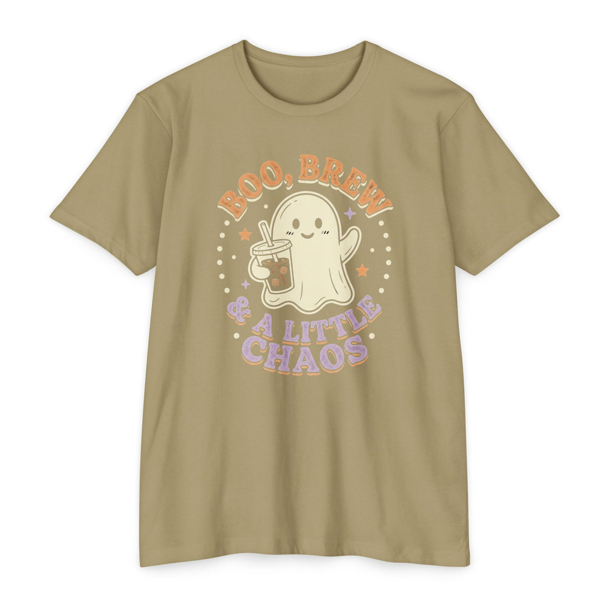 Halloween Ghost Tee — "Boo, Brew & A Little Chaos" Graphic T-Shirt