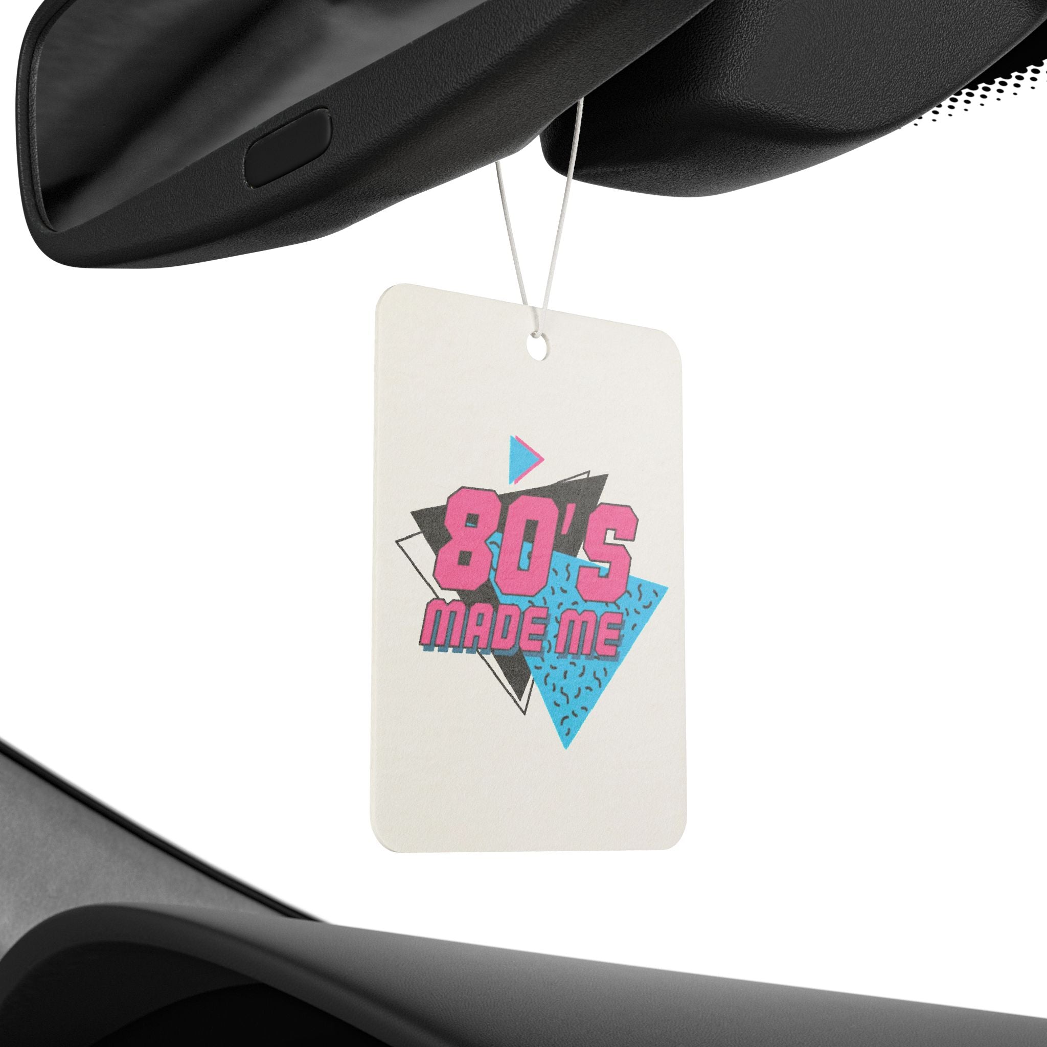 Front view of the 80's Made Me Car Air Freshener, a rectangular air freshener with a neon 80s graphic.