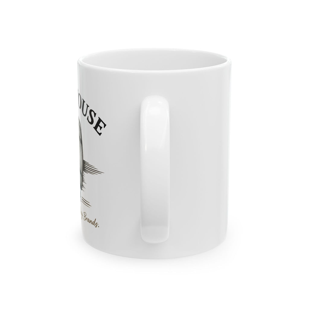 White ceramic coffee mug with a C-shaped handle, featuring a black Barrelhouse Media logo on the side.