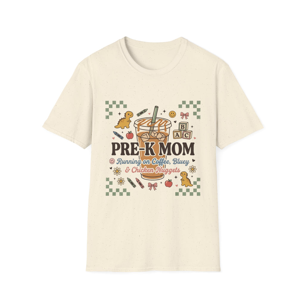 Pre-K Mom T-Shirt – I Survive on Coffee, Snacks & Classroom Chaos Mom Tee