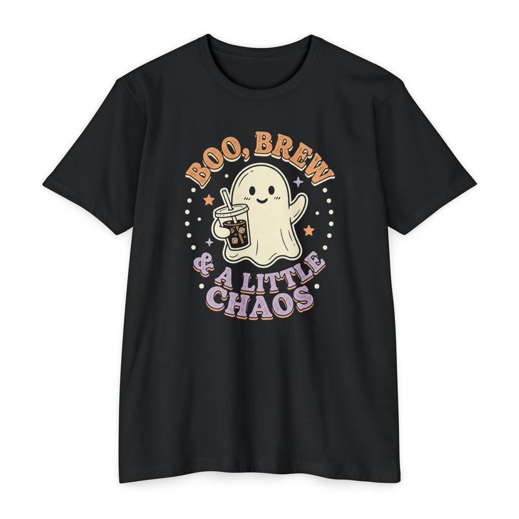Halloween Ghost Tee — "Boo, Brew & A Little Chaos" Graphic T-Shirt